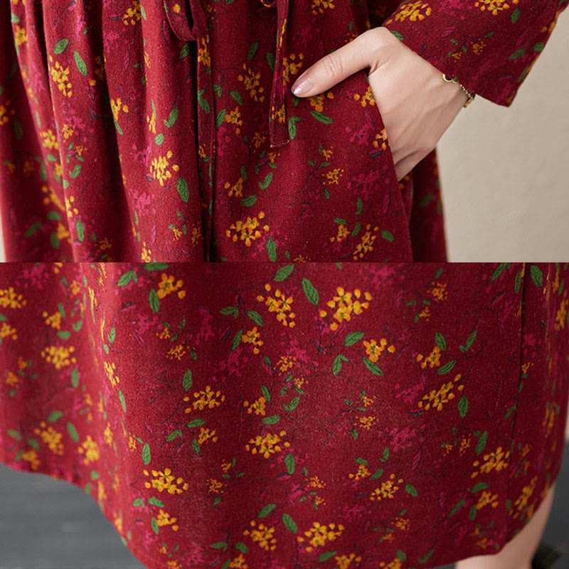 Buddha Stones Ethnic Printing Floral Long Sleeve Buttons Design Cotton Linen Midi Dress With Pockets