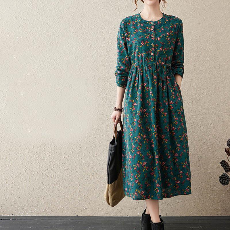 Buddha Stones Ethnic Printing Floral Long Sleeve Buttons Design Cotton Linen Midi Dress With Pockets