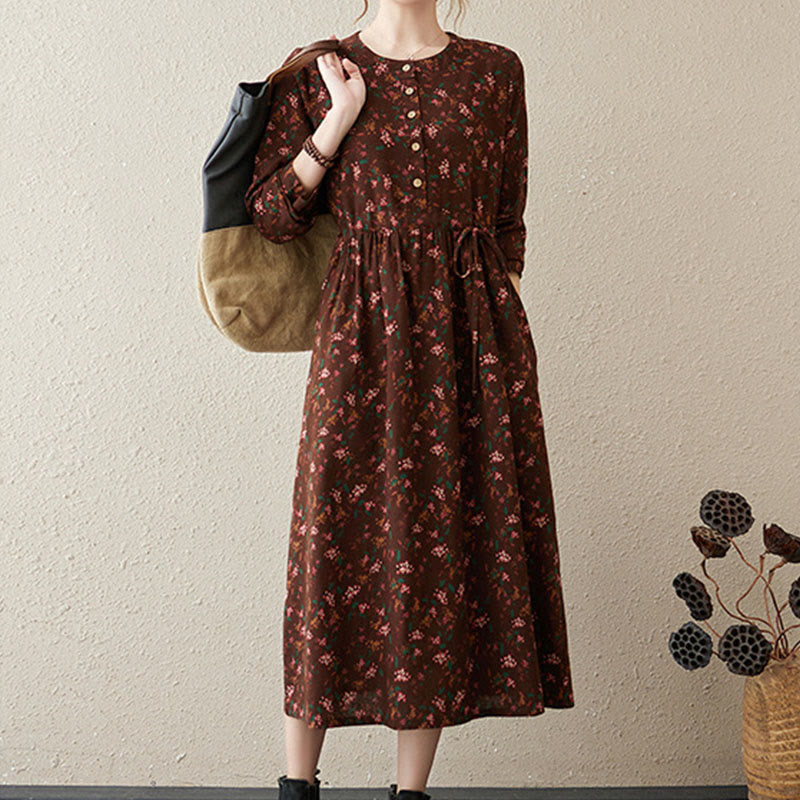 Buddha Stones Ethnic Printing Floral Long Sleeve Buttons Design Cotton Linen Midi Dress With Pockets
