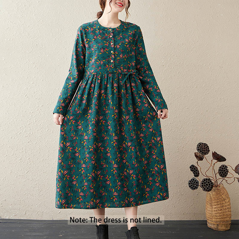 Buddha Stones Ethnic Printing Floral Long Sleeve Buttons Design Cotton Linen Midi Dress With Pockets