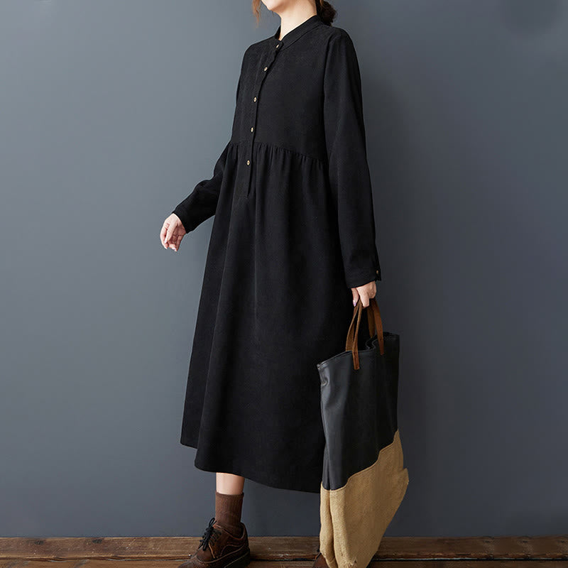 Buddha Stones Plain Buttons Design Thermal Cotton Linen Long Sleeve Midi Dress With Pockets