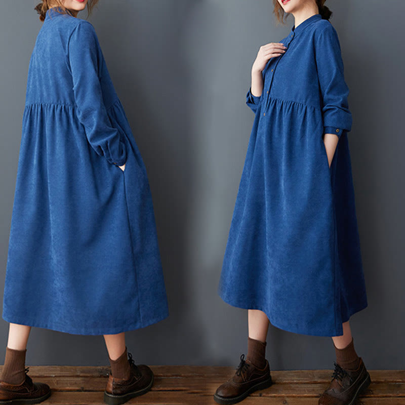 Buddha Stones Plain Buttons Design Thermal Cotton Linen Long Sleeve Midi Dress With Pockets