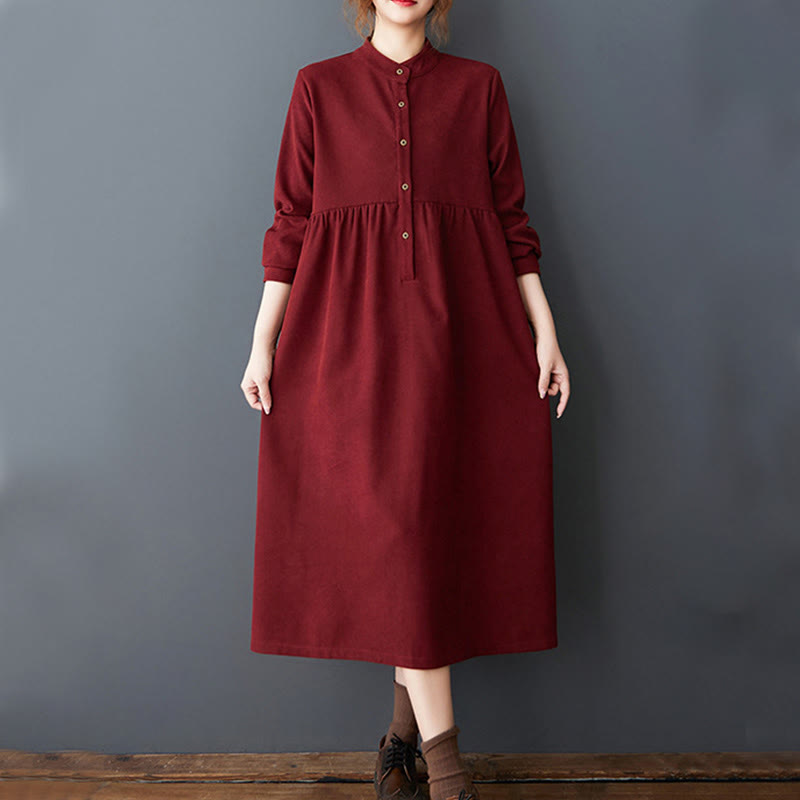 Buddha Stones Plain Buttons Design Thermal Cotton Linen Long Sleeve Midi Dress With Pockets