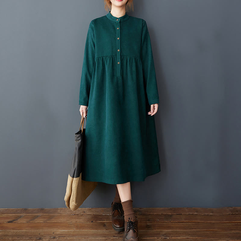 Buddha Stones Plain Buttons Design Thermal Cotton Linen Long Sleeve Midi Dress With Pockets