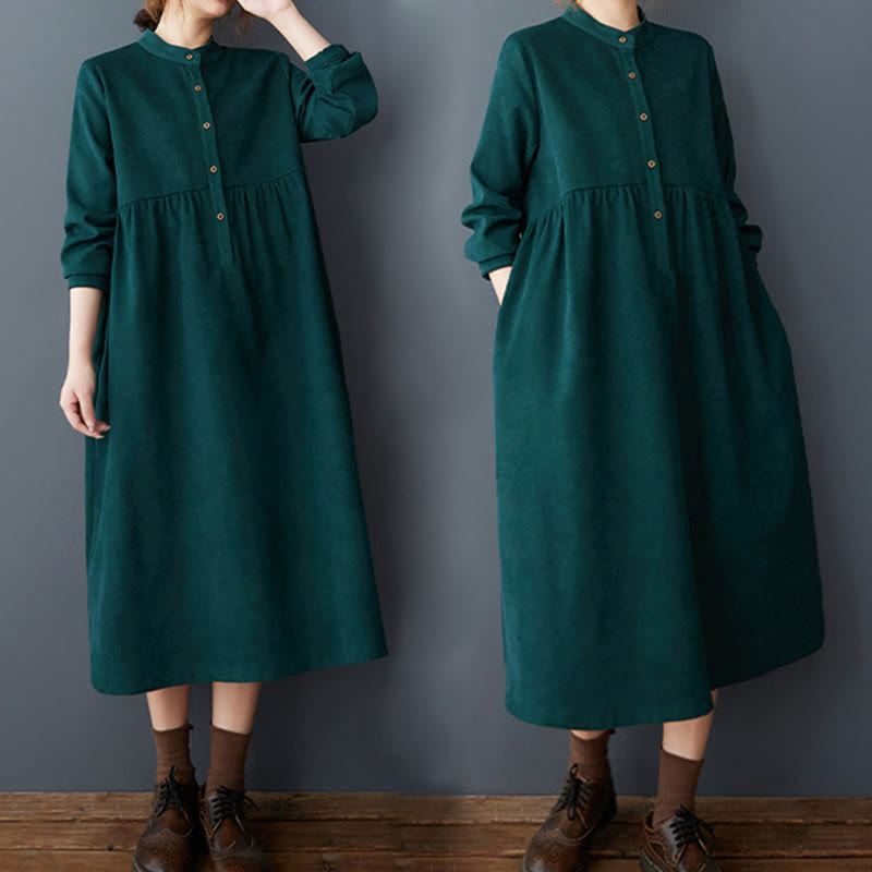 Buddha Stones Plain Buttons Design Thermal Cotton Linen Long Sleeve Midi Dress With Pockets