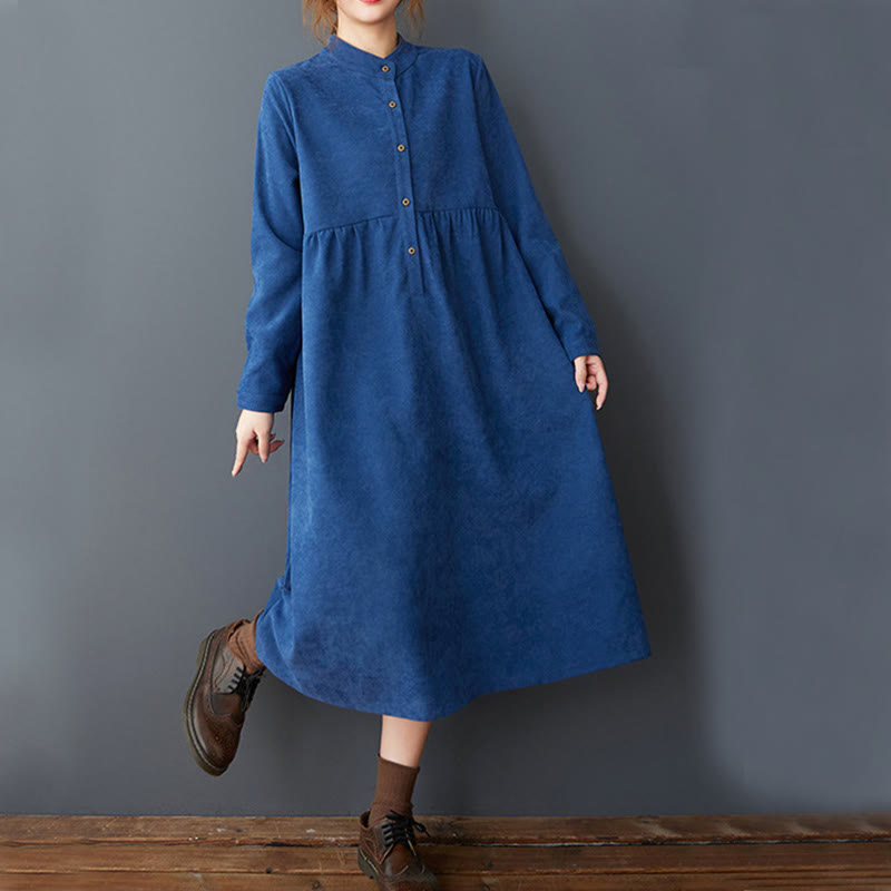 Buddha Stones Plain Buttons Design Thermal Cotton Linen Long Sleeve Midi Dress With Pockets