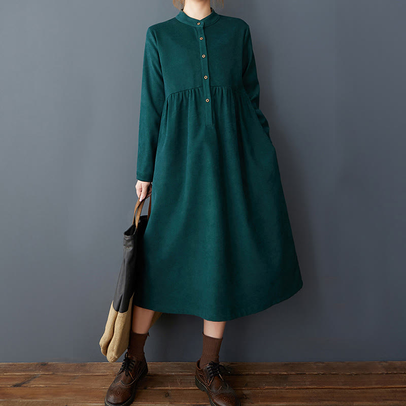 Buddha Stones Plain Buttons Design Thermal Cotton Linen Long Sleeve Midi Dress With Pockets