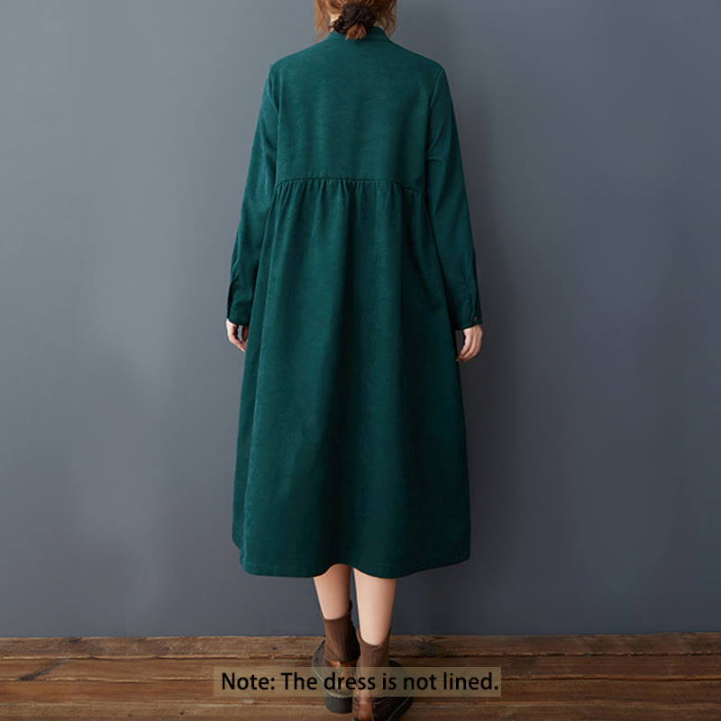 Buddha Stones Plain Buttons Design Thermal Cotton Linen Long Sleeve Midi Dress With Pockets