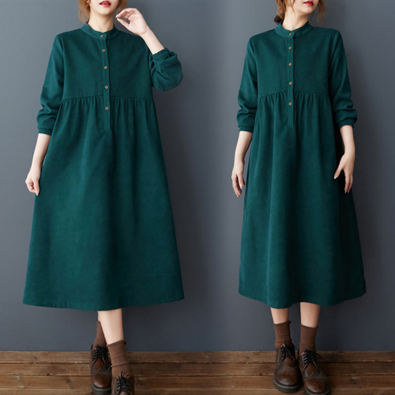 Buddha Stones Plain Buttons Design Thermal Cotton Linen Long Sleeve Midi Dress With Pockets