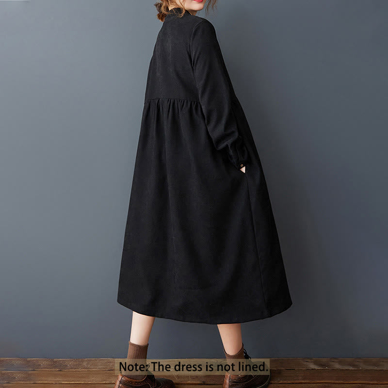 Buddha Stones Plain Buttons Design Thermal Cotton Linen Long Sleeve Midi Dress With Pockets