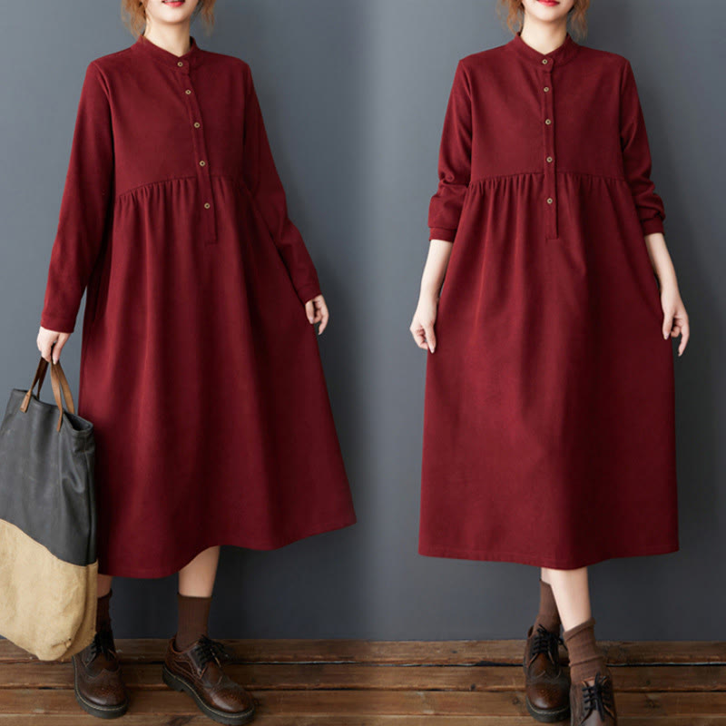 Buddha Stones Plain Buttons Design Thermal Cotton Linen Long Sleeve Midi Dress With Pockets