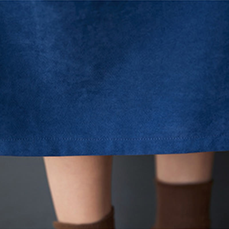 Buddha Stones Plain Buttons Design Thermal Cotton Linen Long Sleeve Midi Dress With Pockets