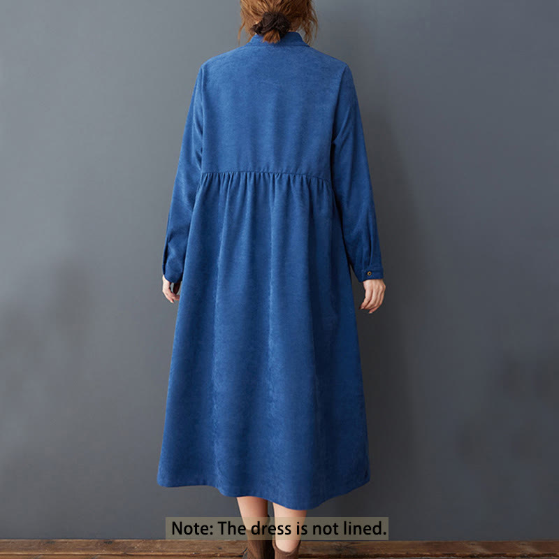 Buddha Stones Plain Buttons Design Thermal Cotton Linen Long Sleeve Midi Dress With Pockets