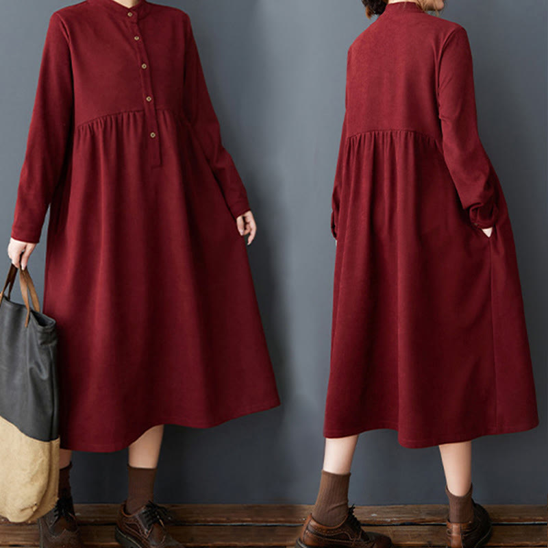 Buddha Stones Plain Buttons Design Thermal Cotton Linen Long Sleeve Midi Dress With Pockets