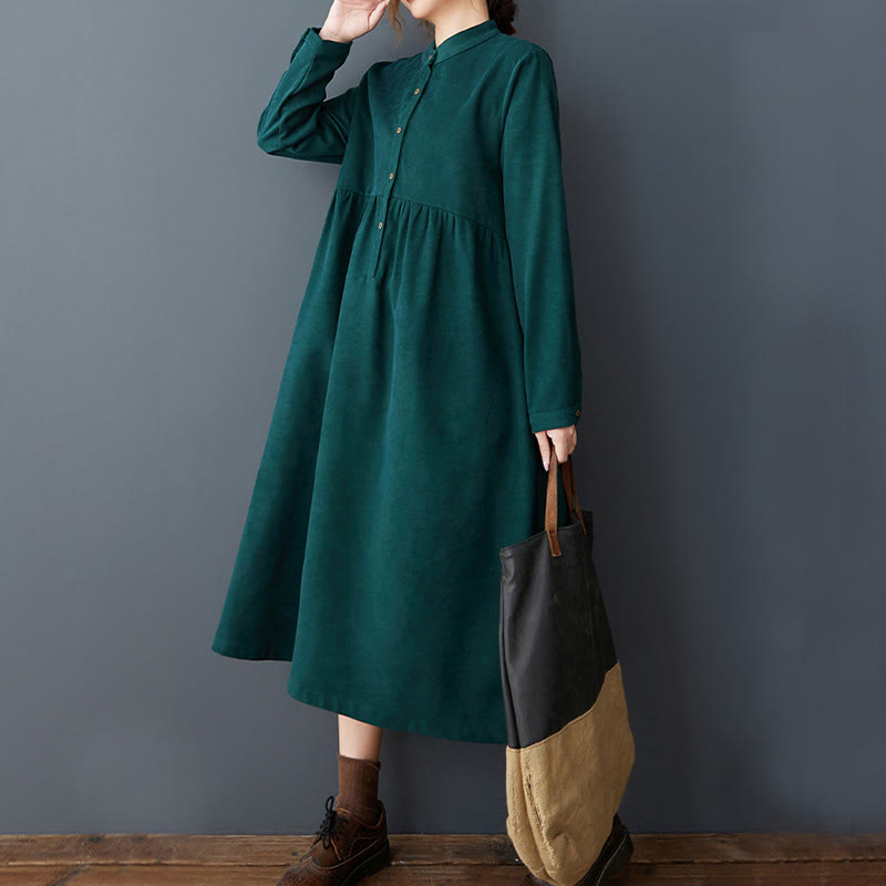 Buddha Stones Plain Buttons Design Thermal Cotton Linen Long Sleeve Midi Dress With Pockets