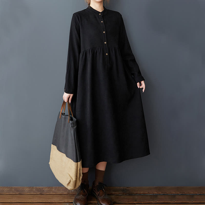 Buddha Stones Plain Buttons Design Thermal Cotton Linen Long Sleeve Midi Dress With Pockets
