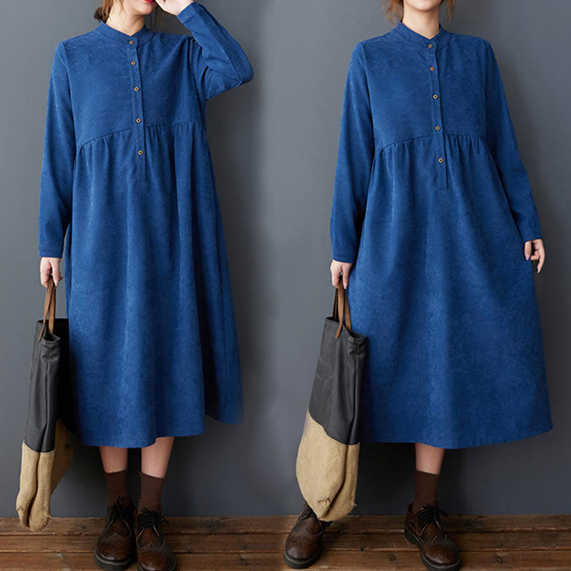 Buddha Stones Plain Buttons Design Thermal Cotton Linen Long Sleeve Midi Dress With Pockets