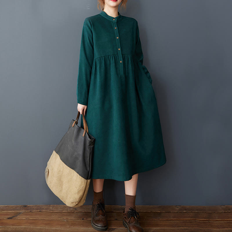 Buddha Stones Plain Buttons Design Thermal Cotton Linen Long Sleeve Midi Dress With Pockets