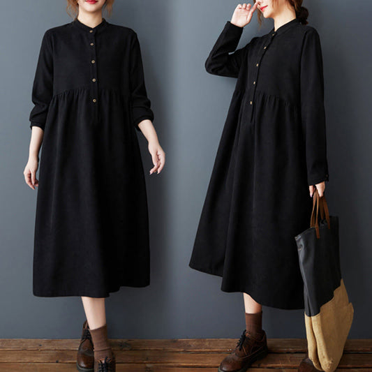 Buddha Stones Plain Buttons Design Thermal Cotton Linen Long Sleeve Midi Dress With Pockets