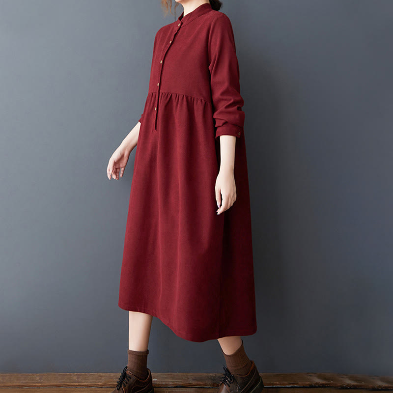 Buddha Stones Plain Buttons Design Thermal Cotton Linen Long Sleeve Midi Dress With Pockets