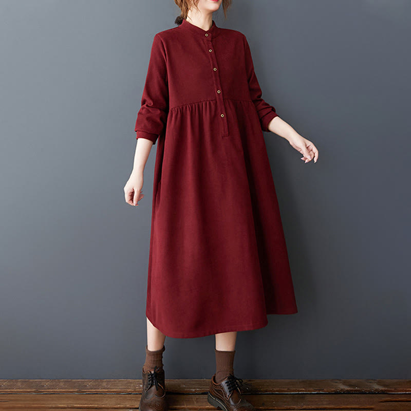 Buddha Stones Plain Buttons Design Thermal Cotton Linen Long Sleeve Midi Dress With Pockets