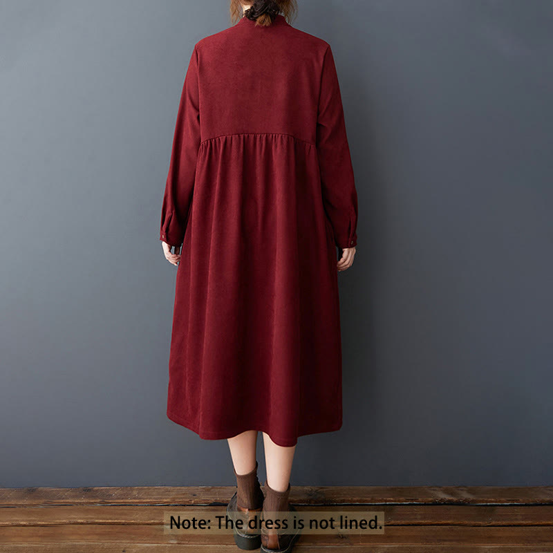 Buddha Stones Plain Buttons Design Thermal Cotton Linen Long Sleeve Midi Dress With Pockets