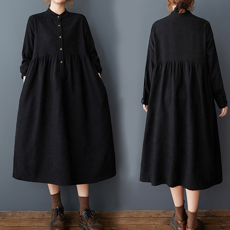 Buddha Stones Plain Buttons Design Thermal Cotton Linen Long Sleeve Midi Dress With Pockets