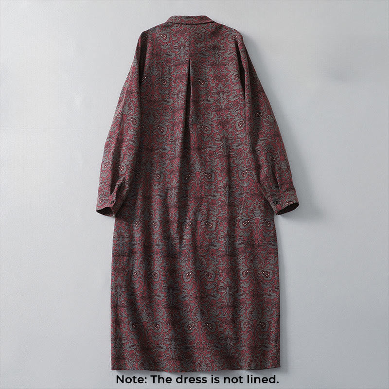 Buddha Stones Brown Printing Floral Pattern Lapel Cotton Linen Long Sleeve Midi Dress With Pockets