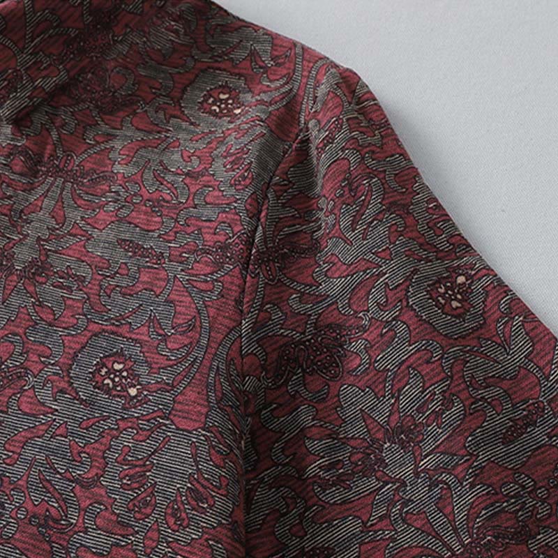 Buddha Stones Brown Printing Floral Pattern Lapel Cotton Linen Long Sleeve Midi Dress With Pockets