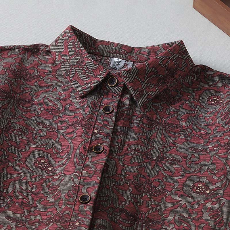Buddha Stones Brown Printing Floral Pattern Lapel Cotton Linen Long Sleeve Midi Dress With Pockets