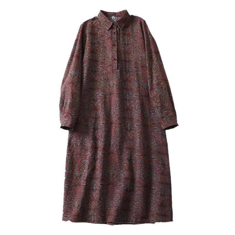 Buddha Stones Brown Printing Floral Pattern Lapel Cotton Linen Long Sleeve Midi Dress With Pockets