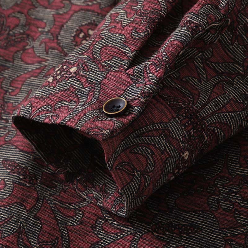 Buddha Stones Brown Printing Floral Pattern Lapel Cotton Linen Long Sleeve Midi Dress With Pockets