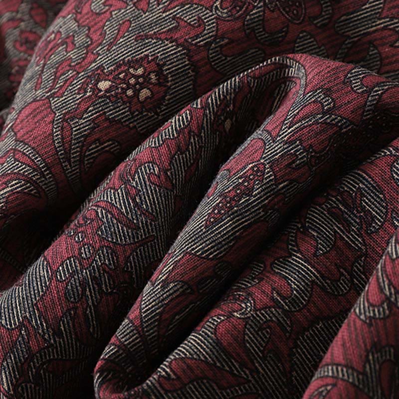 Buddha Stones Brown Printing Floral Pattern Lapel Cotton Linen Long Sleeve Midi Dress With Pockets