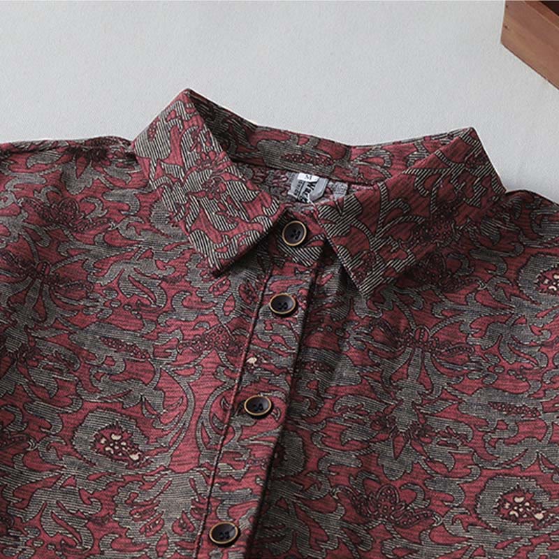 Buddha Stones Brown Printing Floral Pattern Lapel Cotton Linen Long Sleeve Midi Dress With Pockets