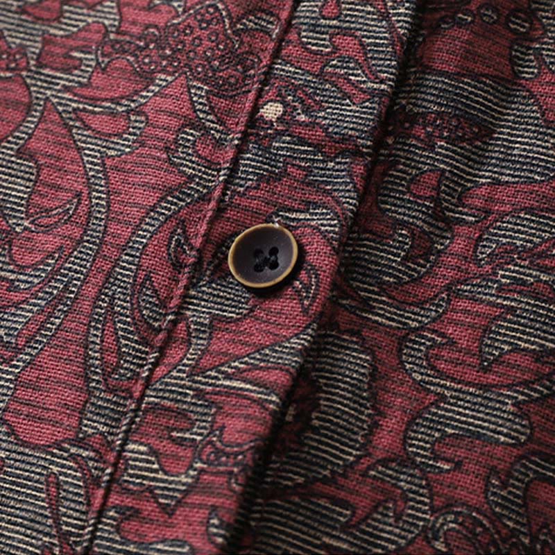 Buddha Stones Brown Printing Floral Pattern Lapel Cotton Linen Long Sleeve Midi Dress With Pockets