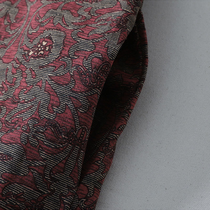 Buddha Stones Brown Printing Floral Pattern Lapel Cotton Linen Long Sleeve Midi Dress With Pockets