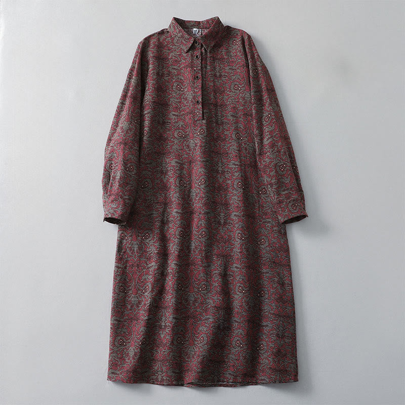 Buddha Stones Brown Printing Floral Pattern Lapel Cotton Linen Long Sleeve Midi Dress With Pockets