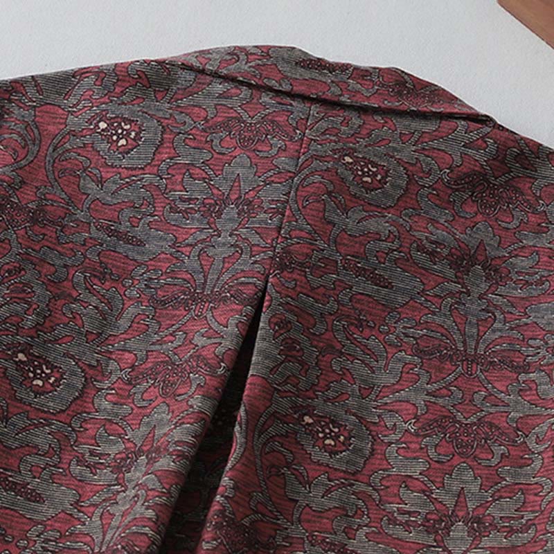 Buddha Stones Brown Printing Floral Pattern Lapel Cotton Linen Long Sleeve Midi Dress With Pockets