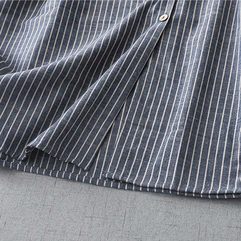 Buddha Stones LightSteelBlue White Striped Long Sleeve Lapel Cotton Linen Midi Dress With Pockets