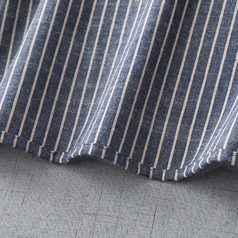 Buddha Stones LightSteelBlue White Striped Long Sleeve Lapel Cotton Linen Midi Dress With Pockets