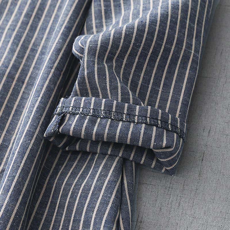 Buddha Stones LightSteelBlue White Striped Long Sleeve Lapel Cotton Linen Midi Dress With Pockets