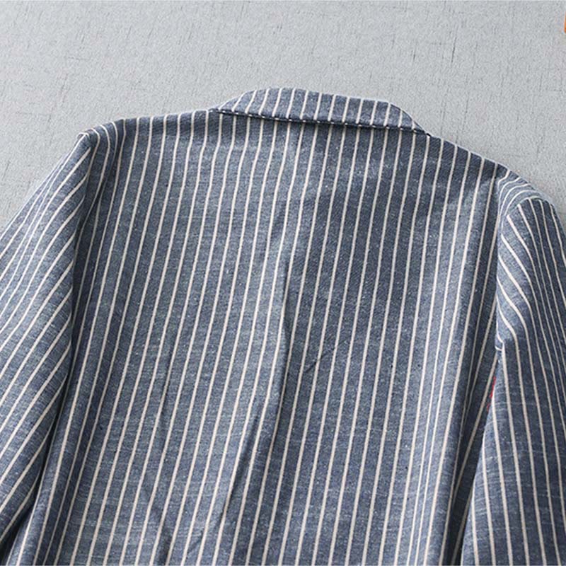 Buddha Stones LightSteelBlue White Striped Long Sleeve Lapel Cotton Linen Midi Dress With Pockets