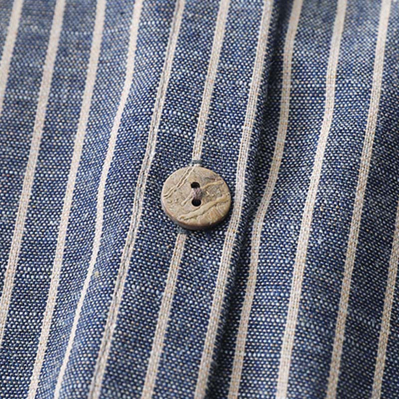 Buddha Stones LightSteelBlue White Striped Long Sleeve Lapel Cotton Linen Midi Dress With Pockets