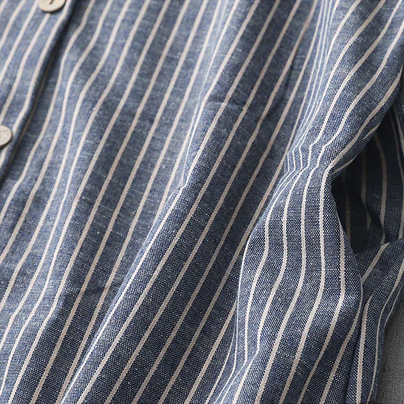 Buddha Stones LightSteelBlue White Striped Long Sleeve Lapel Cotton Linen Midi Dress With Pockets