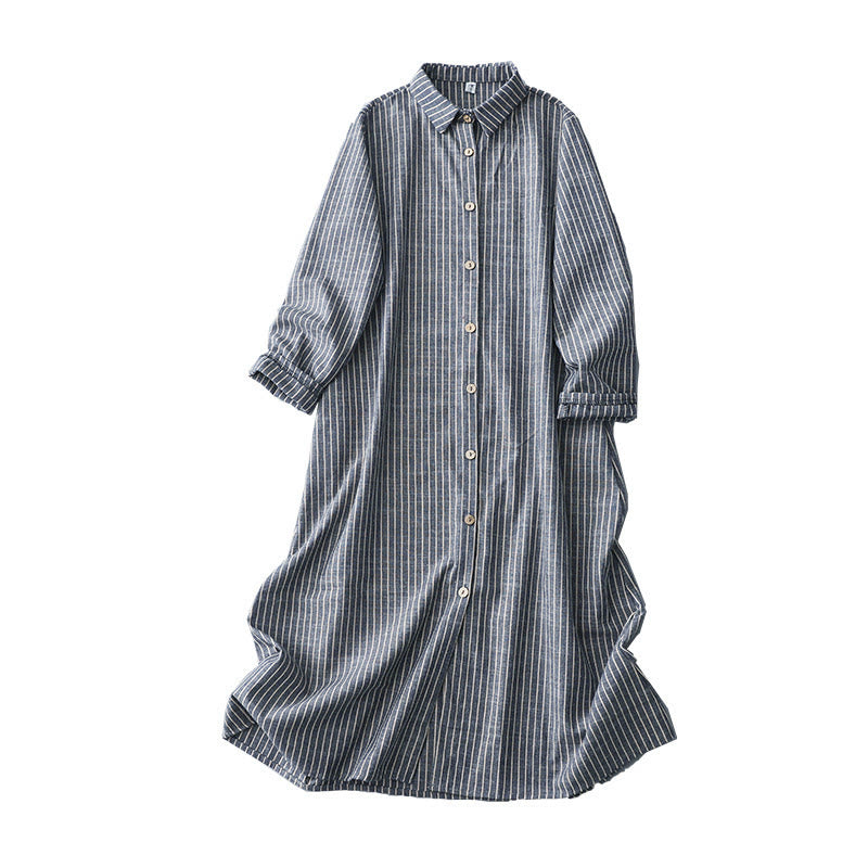 Buddha Stones LightSteelBlue White Striped Long Sleeve Lapel Cotton Linen Midi Dress With Pockets