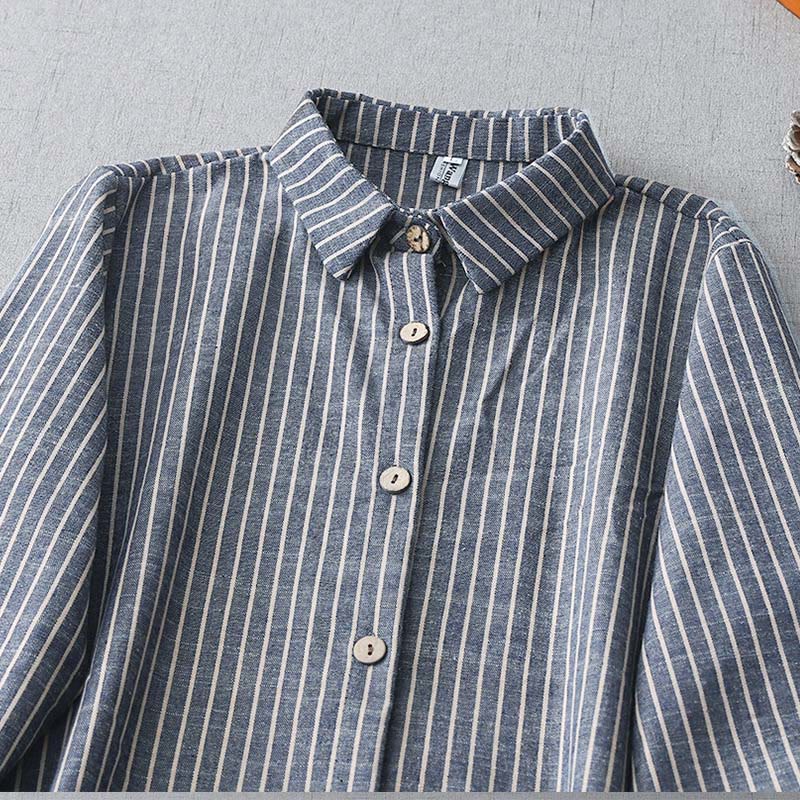 Buddha Stones LightSteelBlue White Striped Long Sleeve Lapel Cotton Linen Midi Dress With Pockets