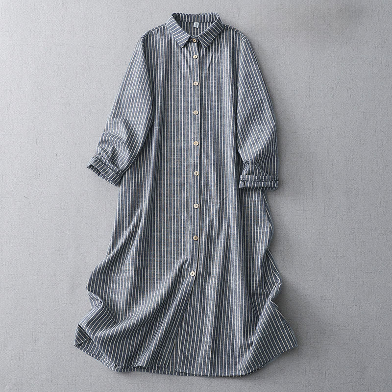 Buddha Stones LightSteelBlue White Striped Long Sleeve Lapel Cotton Linen Midi Dress With Pockets