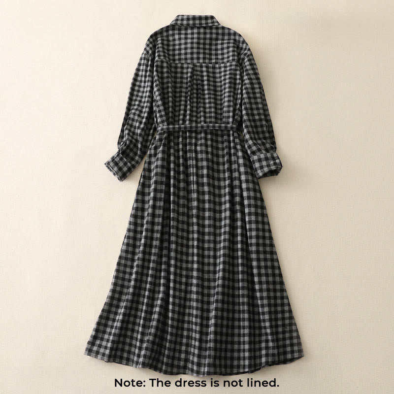 Buddha Stones Black Lace-Up Design Plaid Lapel Long Sleeve Cotton Linen Midi Dress With Pockets