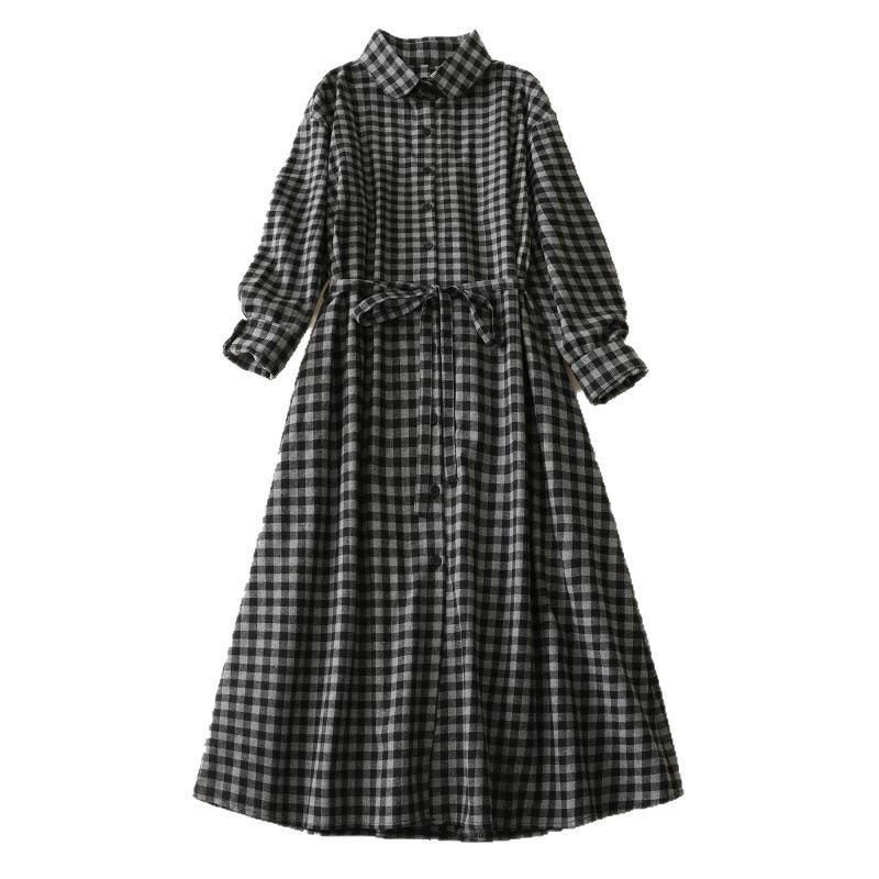 Buddha Stones Black Lace-Up Design Plaid Lapel Long Sleeve Cotton Linen Midi Dress With Pockets
