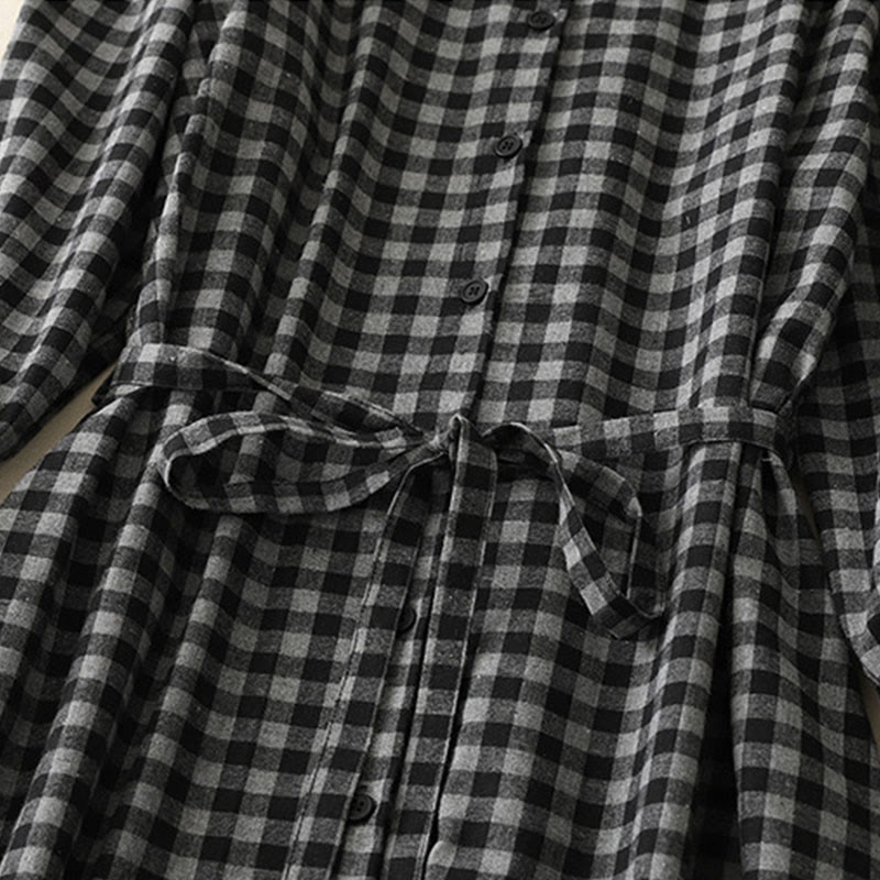 Buddha Stones Black Lace-Up Design Plaid Lapel Long Sleeve Cotton Linen Midi Dress With Pockets